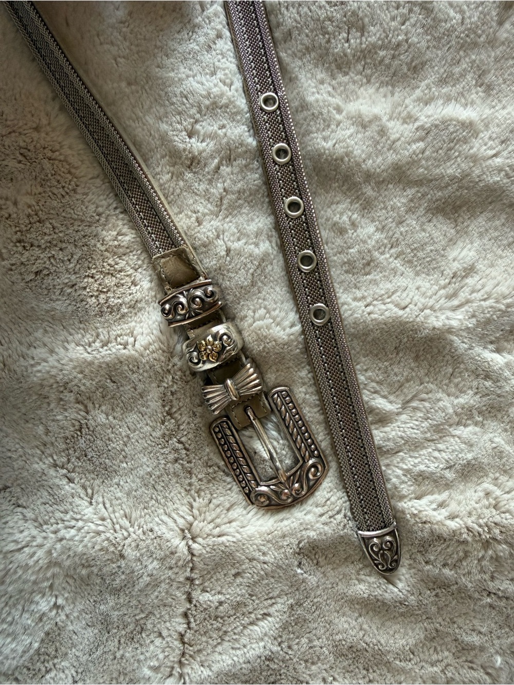Brighton Western-Inspired Metallic mesh Brown Cream Leather Belt Ornate Silver